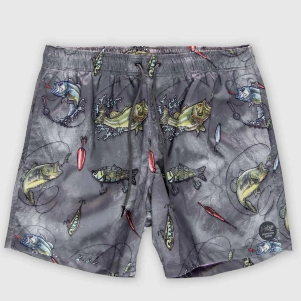 Psycho Tuna (Size S) Men's Multicolored Novelty "Reel'em In" Swim Shorts